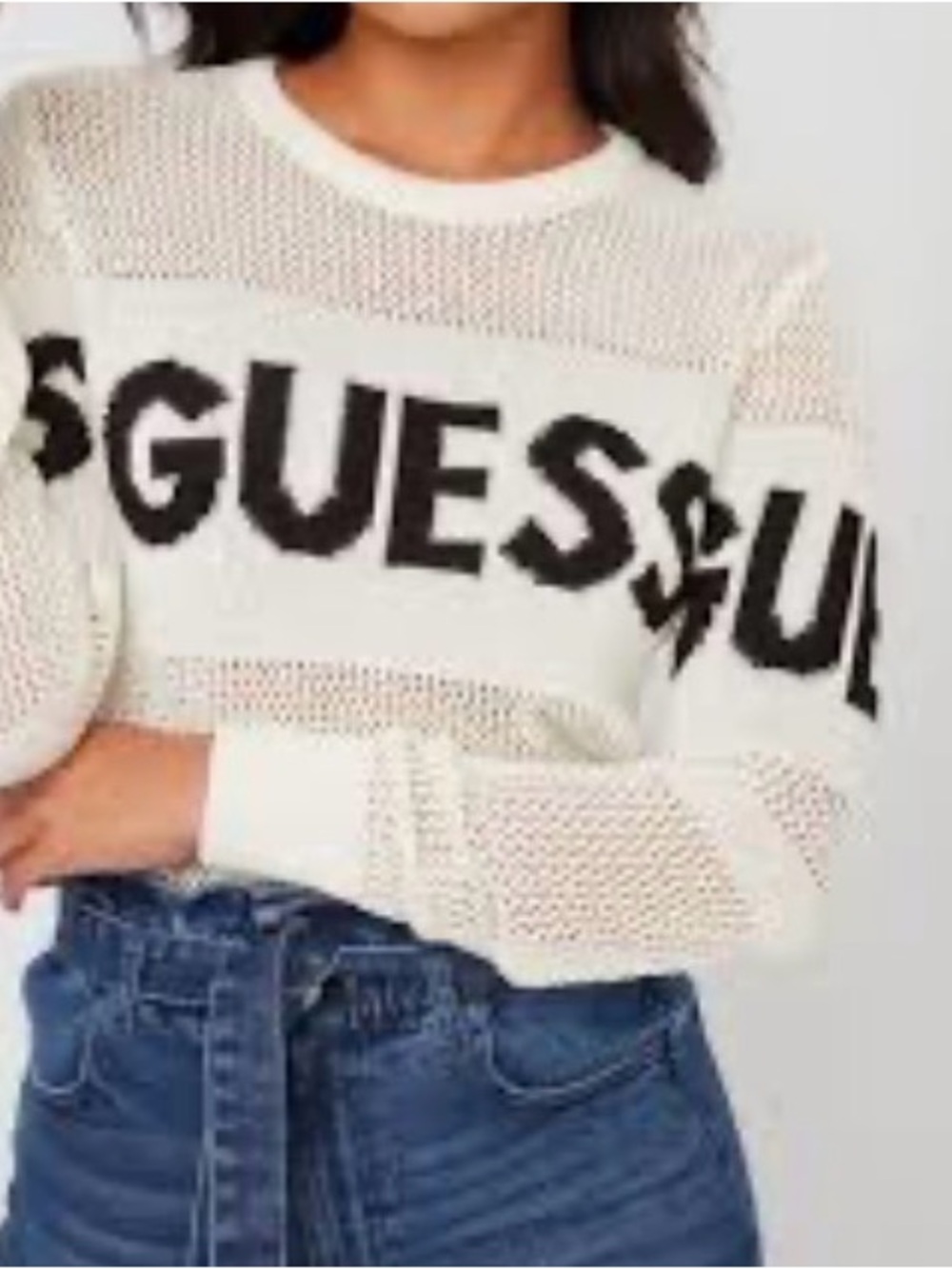 GUESS White Open-Knit Crew Sweater with Black Logo Medium